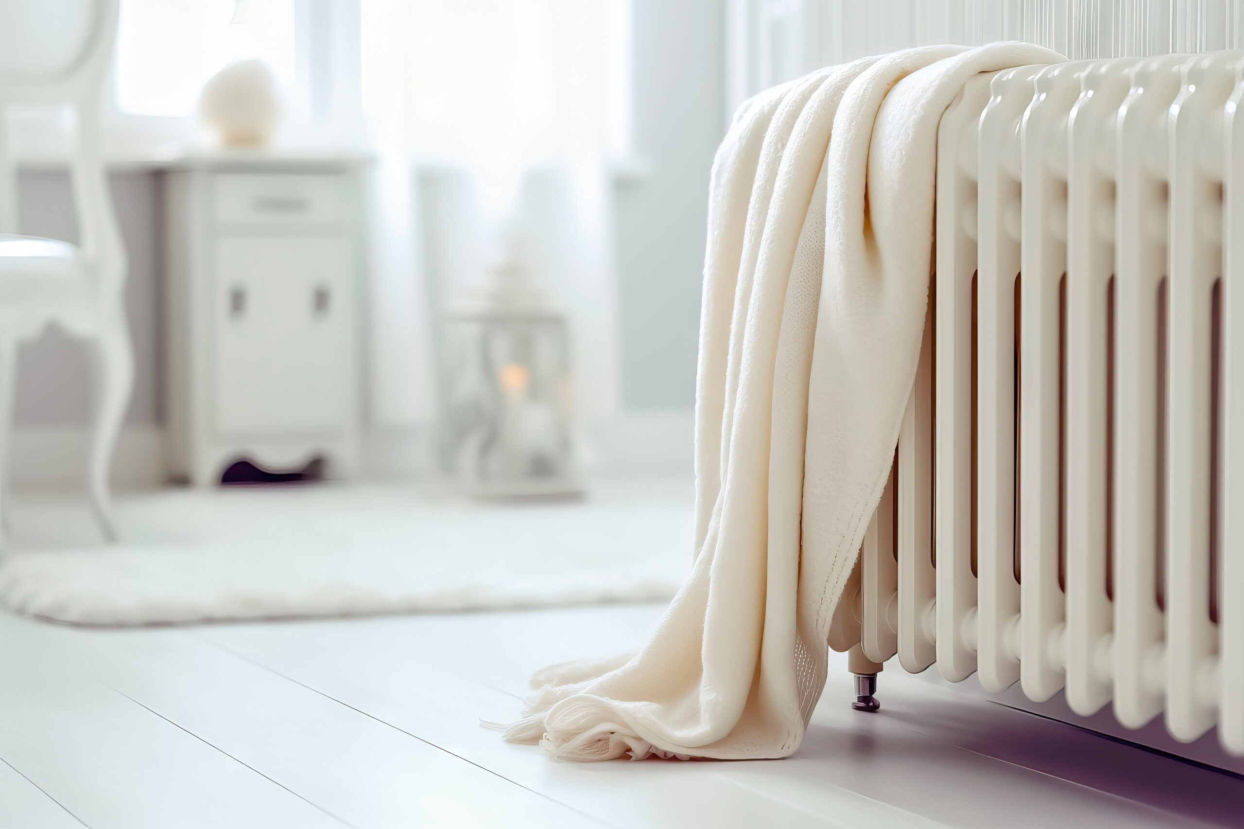 A bedroom with a radiator. The homeowner chose a traditional radiator rather than underfloor heating, to add to the aesthetic of the room.